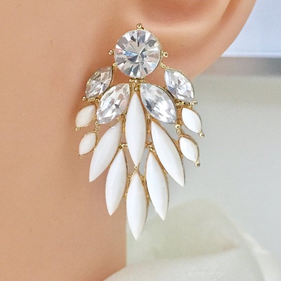 Ivory Stones Rhinestones Gold Earrings - Fashion Jewelry - Picture 1 of 4